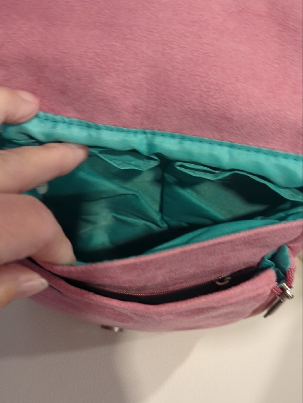 Travelon Pink Suede Crossbody Sling with Brown Strap - Picture 6 of 9